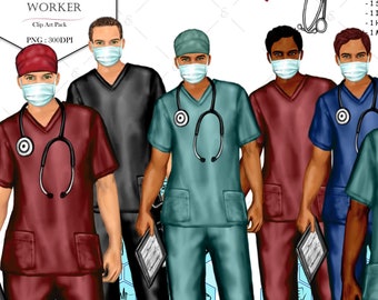 Male Healthcare Worker, Nurse,Doctor in Scrubs Clip Art Pack.Hairstyles, 4 color scrubs, surgical, cap, stethoscopes, heart rate, background