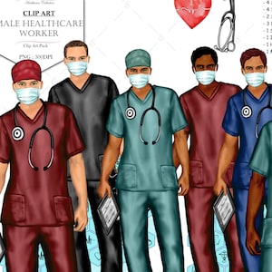 männliches Pflegepersonal, Krankenschwester, Arzt in Scrubs Clip Art Pack.Hairstyles, 4 farbige Scrubs, chirurgisch, Kappe, Stethoskope, Herzfrequenz, Hintergrund