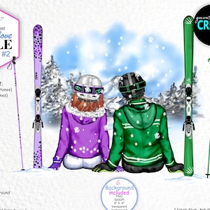 Couple Love Winter Ski Custom Clipart Bundle #2. 3 tonalità di pelle, 40 capelli. Graziosi abiti da sci, sci, caschi, sfondo di montagna innevata