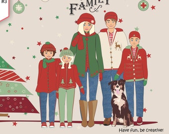 Family Christmas Season Cartoon Custom Portrait Clipart Bundle no 3. Cute Vintage Christas Family Portrait.
