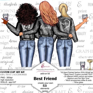 Best Friend Black Jacket,Blue Denim Jeans clipart. CUSTOM yourself Clipart.Mix and Match Add-on Text.20 Gorgeous Hair styles.2 Skin tones.