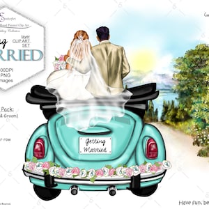 Wedding Clipart Bundle: Bride, Groom, Vintage Car (PNG)