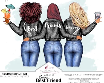 Ensemble de cliparts Best Friend.Besties rondes.Jeans, vestes|Personnalisez-vous|BFF|26 coiffures|texte|Groupes|PNG|4 skins|Toboggan aquatique|Sublimation