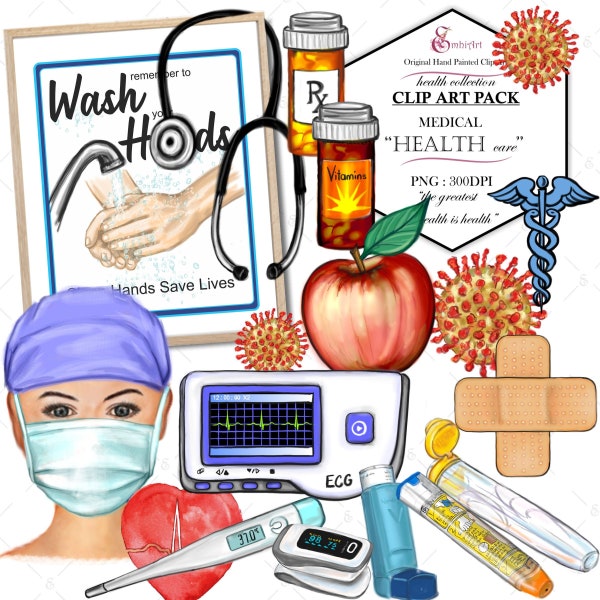 Health Medical Care Clip Art Pack.Doctor.Nurse.Medicine.Bandage.Stethoscope,heart rate,wash hands,epipen,bandage,vitamins,thermometer
