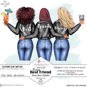 Best Friend Clip Art Set.Curvy Besties.Denim Jeans,Jackets|Custom yourself|BFF|26 hairstyles|text|Groups|PNG|4 Skins|Waterslide|Sublimation