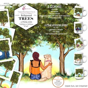 Bundle d'arts et d'images de paysage d'arrière-plan. Prêt pour l'impression sur tasse. Toile de fond. Peint à la main. Arbre hamac, balançoire, coucher de soleil, lune, ciel nocturne, étoiles