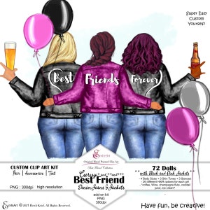 Best Friend Curvy, BFF curvy plus, 4 lichaamsmaten Besties Clip Art-bundel. Zwartroze jas. Besties. 26 kapsels. Denim. Handgeschilderd. 3 skin