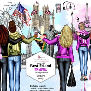 Melhor amigo, viagem, aventura, personalizado, complemento, clip art, conjunto.Paris,Nova York,café,balões,rosa,estátua da liberdade,bagagem,câmera