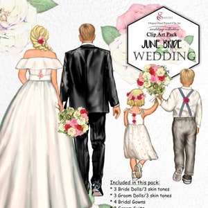 Bruiloft bruid aangepaste clipart pack. Juni bruid add-on kit. Jurken, jurken, pakken, bloemenmeisje, kleine jongen, schattige kapsels, boeketten, rozen