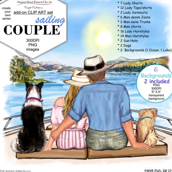 Summer Couple sailing custom Clipart Pack, yacht,summer fashion,cute tops,cute hair.ocean and lake,river background,add on clipart,handpaint