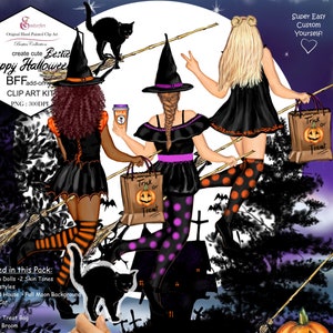 Bundle de cliparts personnalisés Halloween meilleur ami 2. Sorcières mignonnes, mode d'halloween, fond de maison hantée, balai, chat noir, chapeaux de sorcière, chauves-souris, lune