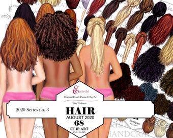August 2020 Haar-ClipArt-Paket. 68 Frisuren! Handgezeichnet. Original. Alle Haarfarben. Afro-Haar inklusive. Personalisieren Sie Ihr eigenes Haarclip-Art-Kit
