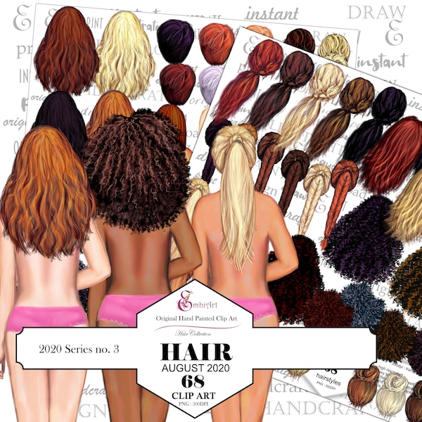 August 2020 Haar-ClipArt-Paket. 68 Frisuren! Handgezeichnet. Original. Alle Haarfarben. Afro-Haar inklusive. Personalisieren Sie Ihr eigenes Haarclip-Art-Kit
