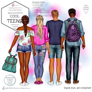Paquete de imágenes prediseñadas personalizadas de un chico y una chica adolescentes. Moda y peinados de mejores amigos adolescentes. 3 diseños de piel, mochilas, gorras, jeans, pantalones cortos, zapatillas, tops y camisas.