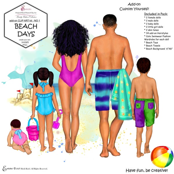 Family Summer Beach Custom Clipart Pack.swimwear, summer fashion,custom hairstyles,mom,dad,girl,boy,baby,beach toys,background,hand painted