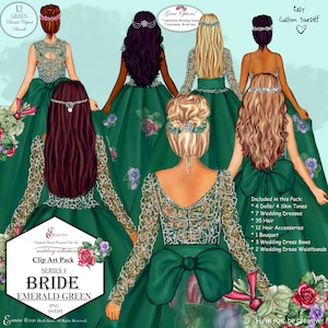 Emerald Green and Silver Wedding Dress|Bridesmaid|Prom| quinceañeras Ball gown Dress Custom Clipart Pack.Skin and Hair.Hand Painted.Floral