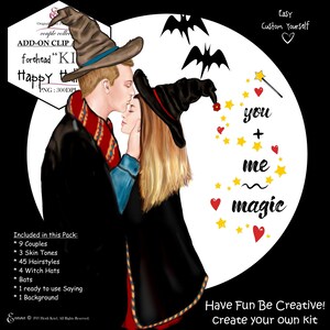 Paquete de imágenes prediseñadas personalizadas de pareja de Halloween. Cabello hermoso. Imágenes prediseñadas en capas, sombreros de bruja, murciélagos, imágenes prediseñadas adicionales. Pintado a mano. Arte original