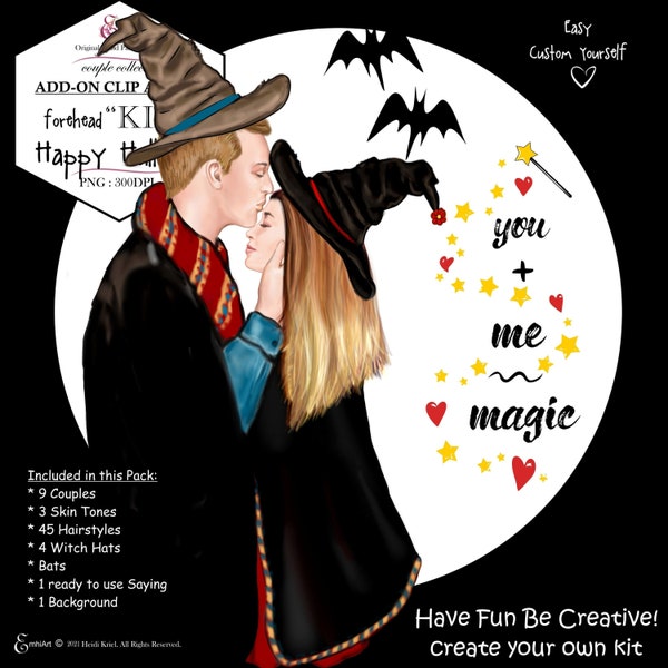 Halloween Couple Custom Clipart Bundle.Gorgeous Hair.layer clipart,witch hats,bats,add on clipart.hand painted.original art