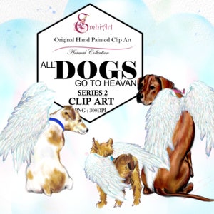Clipart de perro ángel. Paquete de imágenes prediseñadas de todos los perros que van al cielo. Perros con alas. Razas de perros lindas. Pintadas a mano. Originales. En memoria de los perros. Mascotas