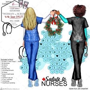 Kit de clip art Women in Scrubs hommage Noël. Médecins, infirmières, personnels de santé Scrubs.Mix match, Frontliners Salute.Custom.Hand peint