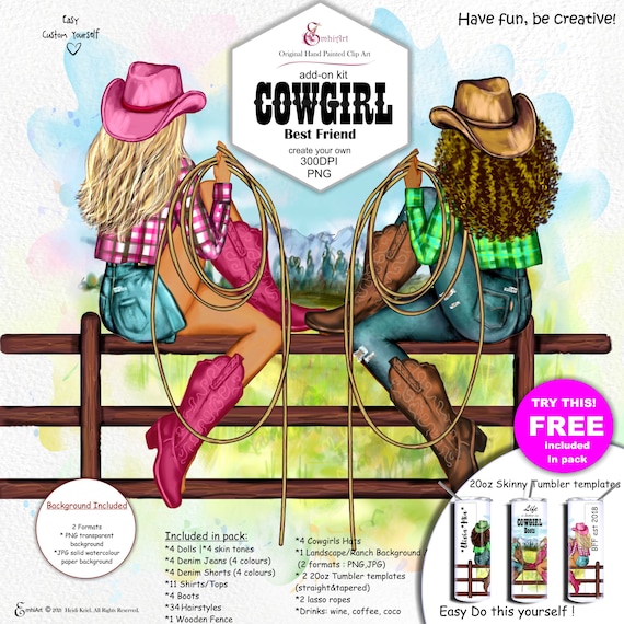 Cowgirl Custom Add-on Clip Art Pack.hand Painted Elements.cowboy Boots,34  Cute Hairstyles Hats, Lasso, Plaid Shirts, Fence,background, 