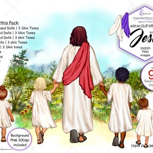 Jesus und Kinder benutzerdefinierte Clipart Bundle.Benutzerdefinierte Haut und Haar.Jesus Robe, Haar.Jungen und Mädchen in Roben.Hintergrund Landschaft, Blumen