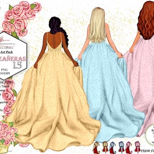 Vestidos de quinceañera con grandes bolas hinchadas, vestidos de novia, vestidos de fiesta de graduación, paquete de imágenes prediseñadas de chicas de moda. Piel personalizada, cabello, vestidos de ensueño, tacones brillantes, zapatos, mejores amigas