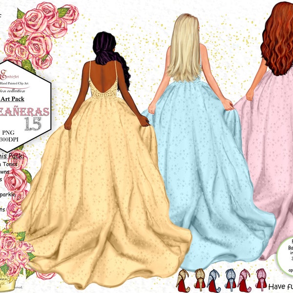 Big Puffy Ball Quinceaneras Gowns, Wedding Dresses,Prom,Fashion Girl Clipart Pack.Custom Skin,Hair,Dream Gowns,Sparkly Heels,Shoes,Besties