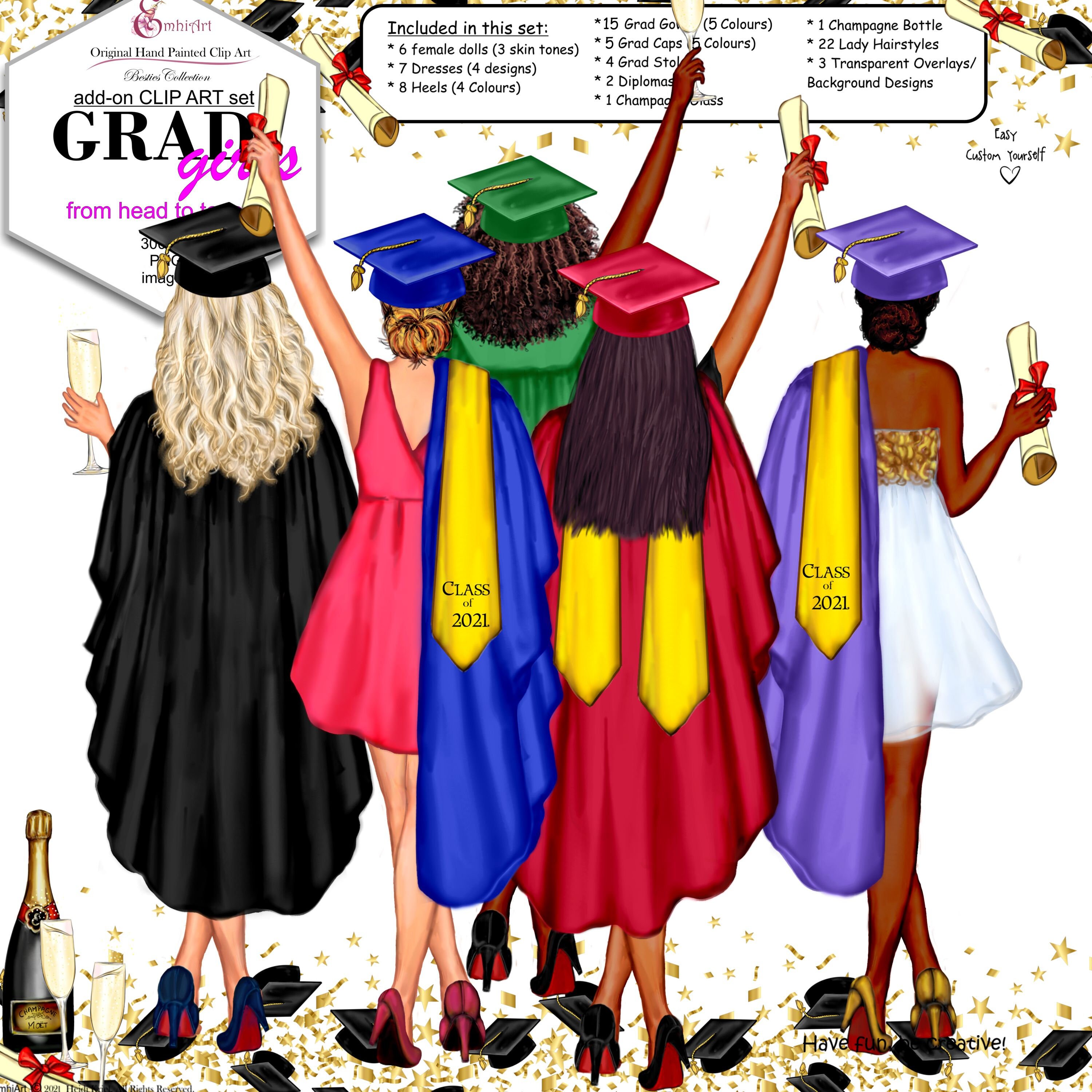Graduation Girls Custom Clip Art Pack.Grad Gowns Caps Etsy