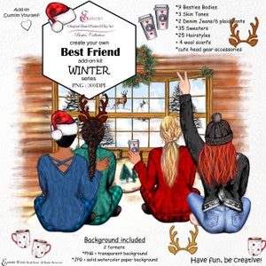 Best Friend clipart|WINTER CHRISTMAS Cabin style fashion|Custom clipart|Besties|hairstyles|Jeans|text|sweaters|3 Skin Tones||Hand Drawn