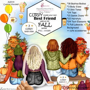 Paquete de imágenes prediseñadas personalizadas de otoño con curvas para mejores amigas. 22 peinados bonitos. Armario de moda para invierno y otoño. Cócteles, café.