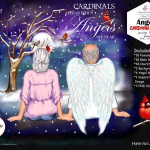 Angels and Cardinals Custom Christmas Portrait Clipart Pack,Heaven Angels cardinal Text.Wings, Grandparents.Custom Hair and Skin.Background