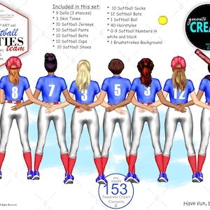 Pakiet spersonalizowanych clipartów z portretami najlepszych przyjaciół w softballu, clipart warstwowy. Stwórz swój własny.