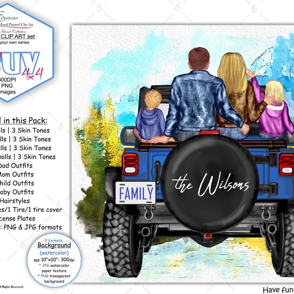 Familie Geländewagen 4x4 benutzerdefinierte Clipart Bündel. Familien Road Trip . Benutzerdefinierte Haut und Frisuren.3 Geländewagen.mit Hintergrund