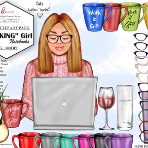 Ensemble de cliparts personnalisés Working Girl. 4 tons chair, 62 coiffures, mugs, cahiers, plante en pot, verre à vin, verre à eau