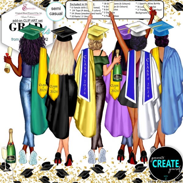 Graduation 2024 Best Friend Custom Clipart Bundle.Casual,Semi Casual graduation fashion.Custom Skin Hair.Gowns,stoles,sneaker,heels,diplomas