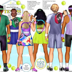 Tennis, männliche und weibliche Tennis und Padel Mode Outfits benutzerdefinierte Porträt Clipart Bundle. Individuelles Garderoben-Outfit, Haut & Haare