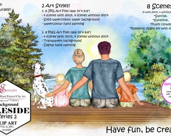 LAKESIDE BACKGROUND |  Landscape Trees scenes|night sky,sunrise,clouds,sunshine.Original Hand painted.watercolor.Landscape.Mountains.Dock.