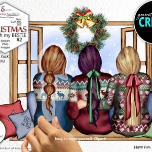 Best Friend Christmas *Easy* Custom Clipart Bundle.Choose skin,hair,Besties,BFF clipart.Sweaters,Denim Jeans.Window snow scene backdrop