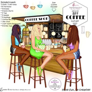 BFF COFFEE Best Friend Custom Clip Art Bundle.29 Hair.3 huidtinten,koffiemodegarderobe,jurken,denimshorts,tops,sandalen,koffiekopjesmok