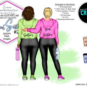 Soul Sisters, Best Friend Custom Clipart Bundle.5 Body Sizes, 4 Stances