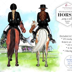 Clipart équitation fille meilleurs amis. Bundle de clip art facile à personnaliser. 24 cavaliers à cheval. PNG. Peint à la main. Arrière-plan inclus