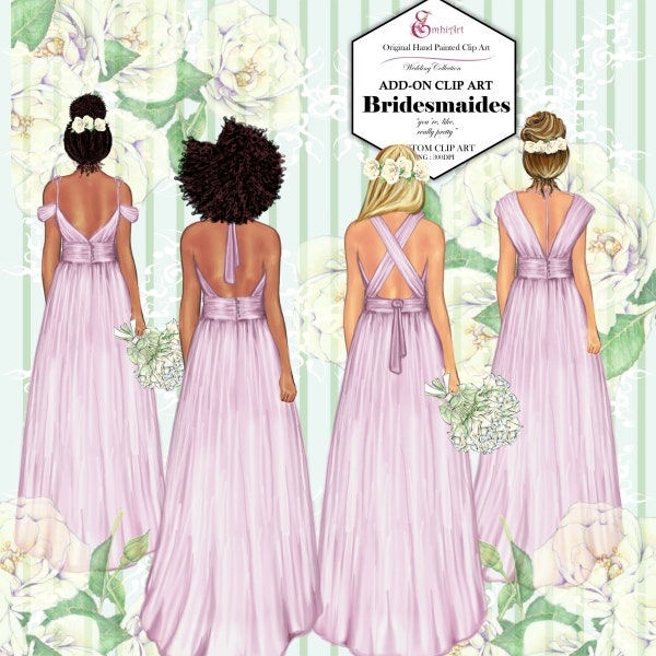 Bridesmaid Dresses Blush Dusty Pink Dresses Custom Add-on Clipart Pack. 26 Hairstyles.2 Skin tones. Fashion Girl. Hand drawn.original