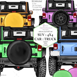 SUV CAR 4X4 TRUCK Custom Clipart Bundle.18 Vehicles, Tire and Tire Covers, License plates to layer yourself