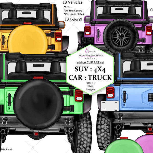 Geländewagen Auto 4X4 TRUCK Custom Clipart Bundle.18 Fahrzeuge, Reifen und Reifenabdeckungen, Nummernschilder zum selbst Layern