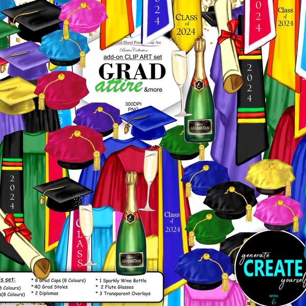 Graduation 2024 Clipart Bundle. Grad Stoles, caps, gowns, sparkly wine, flute, tam caps, backdrops