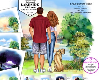 Background Lakeside Landscape Clip Art Pack.Hand painted.Fit mug front or back