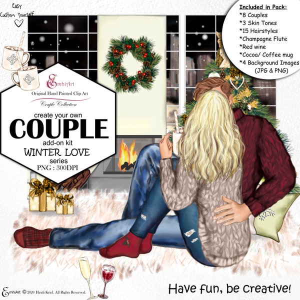 Couple Christmas Custom Clip Art Bundle. Romantic clipart.3 skin tones.beautiful hair options.Background fireplace christmas included. PNG