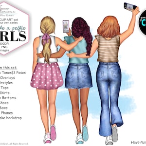 Besties Girls nemen selfies aangepaste clipartset. Aangepaste garderobe voor huid, haar en schattige beste vrienden. Jeans, shorts, rokken, T-shirts, strikken en meer!