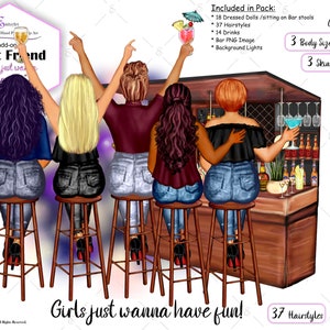 Pacote de clipart personalizado divertido para melhor amiga (curvilínea fofa) Bar Pub, curvilínea, 3 tamanhos. 3 tons de pele. Penteados fofos. Pacote faça você mesmo superfácil!